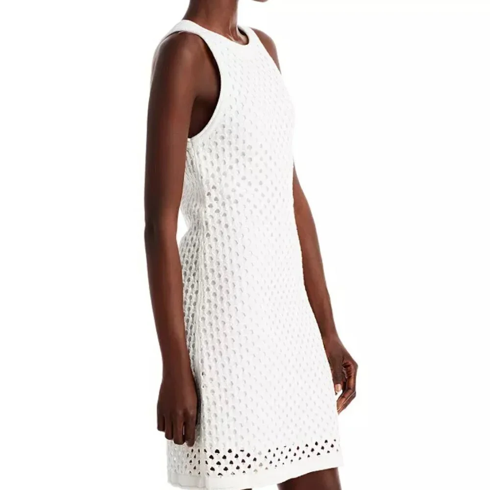AQUA Crochet Tank Dress White Sleeveless Pullover Crewneck Size Small